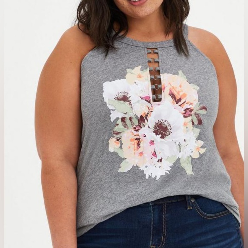 Torrid Grey Floral O-Ring Slim Fit Tank